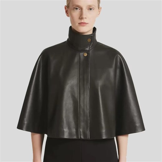 Black Lambskin Leather Cape | High Collar Handmade Capelet