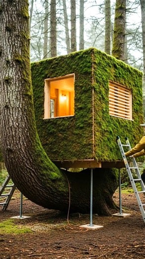 “I Built a Hidden Moss Cabin on a Fallen Tree 🌲 | Forest Micro House Transformation”