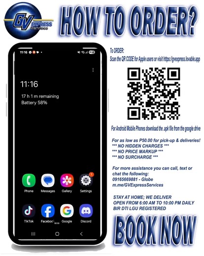 Mga Ka Express our WEB APP and MOBILE APP is now online!! To ORDER: Scan the QR CODE for Apple users or visit https://gvexpress.lovable.app For Android Mobile Phones download the .apk file from the link below and install the app https://drive.google.com/file/d/13pWUg5W_LJU5RhKGsoYtoytv1C-_Xwfv/view?usp=drivesdk 📌 BOOK YOUR ORDERS NOW!! For assistance you can call, text or chat: 📲 09165669881 - Globe 🌍m.me/GVExpressServices 📌 Note: Prices are subject to change without prior notice in the Part