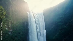 Mesmerizing waterfall cascades down a verdant cliffside as a radiant sunbeam bathes the scene in an ethereal glow, creating a captivating and surreal visual experience