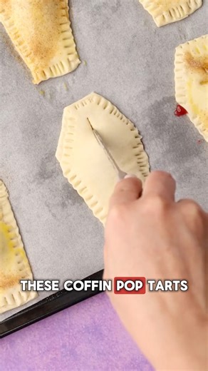 3K views · 11 reactions | These coffin-shaped pop tarts are flaky, spooky, and filled with raspberry jam. The perfect Halloween bake!  You’ll need 1 roll puff pastry 6 tsp raspberry jam 1 egg + 1 tbsp milk ½ tsp cinnamon + 1 tsp sugar Black icing for decoration Cut, fill, bake 10 minutes, and finish with your “RIP” details. A quick, kid-friendly Halloween dessert!  #halloweenbaking #poptarts #halloweentreats #autumnvibes #bakingfun | Seen by denikoe | Facebook