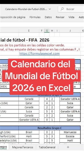 Calendario Mundial de Fútbol en Excel Descargar Calendario: https://formulasexcel.com/calendario-mundial-futbol-2026-excel/ #calendariomundial2026 #calendariofutbol #excel #formulasexcel #exceltips | FormulasExcel