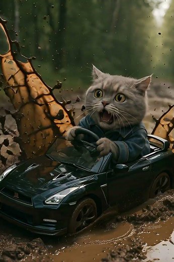 Funny Cat Drives Black GT-R Into Mud | Hilarious 4K Animation