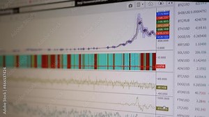 Candlestick Chart of Movement of Cryptocurrency on Screen of a Monitor PC. Online trading BTC, dollar. Range trading analysis, value area, quotes on white color background. Financial, stock market.