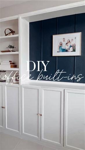 Audra | Home & Style on Instagram: "Follow + then Comment "OFFICE’ for the links and tutorial! 🔗 DIY Office Built-In – IKEA Hack! I transformed our office with a custom built-in storage solution using four IKEA Billy bookcases! To make it even more functional, I added a center section that doubles as a standing desk for my husband. Office dimensions for reference: 📏 11’ x 11’ 🏡 Ceiling height: 9’4” Materials Used: ✔️ 4 Billy bookcases ✔️ 2 Extenders ✔️ 4x8 sheet of 1/4” plywood ✔️ 1x2 finishe