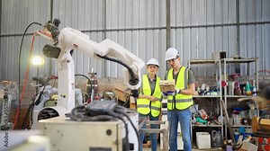 In robotic training center instructor teaching girl engineer how to operate and program robot arm Stock Video