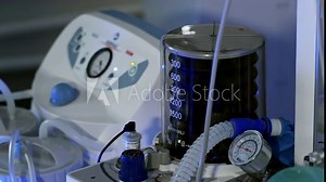 Modern ventilation apparatus. Artificial ventilation machine in the icu. Motion of pulmoflator device. COVID-19 and coronavirus.Close-up.