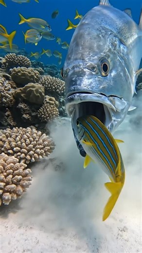 Bigeye Trevally vs. Blue & Gold Fusilier – School Ambush! #shorts