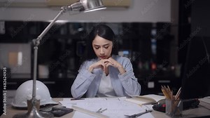 Asian female architect exhibits unwavering dedication and meticulous attention while meticulously checking green print designs for a real estate construction project she oversees in a modern office