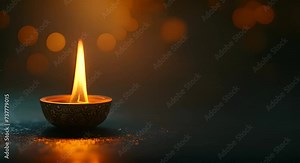 Happy Diwali animation with burning diya lights, bokeh and mandala effects. The flame moves with varying light intensity. Festival of lights concept.