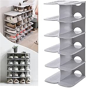 6-Tier Shoe Slots Organizer, Adjustable Vertical Narrow Stackable Shoes Rack for Closet, Free Standing Plastic Shelf Storage Stacker Saving Small Spaces and Entryway,Corner,Doorway,Grey