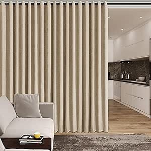 Fcosie Room Divider Curtains Screen Partitions, Linen Look 100% Blackout Drapery 102 Inches Long, 100" Wide Grommet Top Window Drapes, Privacy Protecting, Light Blocking, (1 PC, Sand Beige)