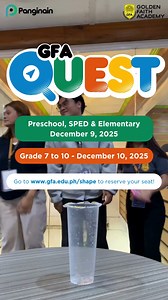 [EVENT] GFA QUEST 2025 The countdown is on—just a few weeks left before our much-awaited GFA QUEST 2025! Are our future leaders—and their parents and guardians—ready for a joyful, adventure-filled, and truly magical learning quest this year? Many have already secured their slots. You might be the only one missing! Register and reserve your bus seat now at www.gfa.edu.ph/shape. GFA QUEST is an exciting and immersive off-campus program designed to take learners beyond the classroom and into the re