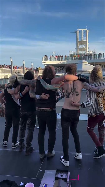 The Fozzy chants were roaring yesterday for ship take-off on @jericho_cruise 🚨🔊 Volume 🆙 We’re playing our covers set TONIGHT at 7:15pm and we’ve got a few surprises up our sleeve - stay tuned 🤘 #fozzy #jerichocruise #jerichocruise24 | Fozzy