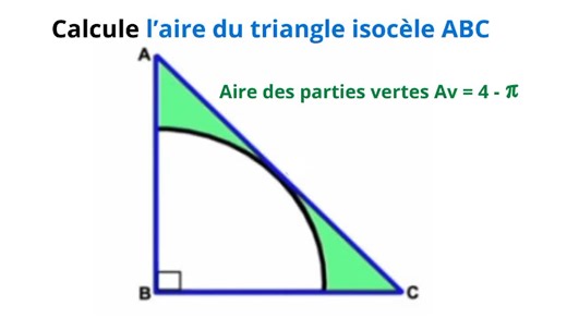Comment calculer l'aire de ce triangle isocèle rectangle ABC # quart du cercle dans un triangle isocèle # l'aire des parties non occupées par le quart du cercle.