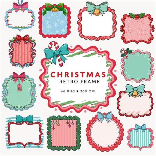 Retro Christmas Frame Clipart – 46 PNG Holiday Borders, Vintage Xmas Labels, Coquette Frame - Etsy