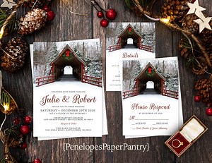 Rustic Red Covered Bridge Winter Wedding Invitation Personalized Christmas Wedding Holiday Wreath Snow Printed Invitations Envelope Included - Etsy