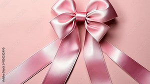 Pink ribbon with a bow on a pink background, with space for text or a message.