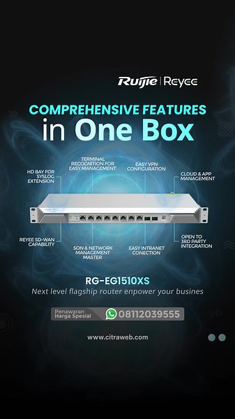 Router Flagship RG-EG1510XS Reyee High-performance Cloud Managed Router Router Core dari Ruijie Reyee untuk kebutuhan Enterprice Business yang memiliki 4Gbps Troughput serta dapat menangani 1500 concurrent client dan 1000 VPN Tunnel. Dibekali dengan 4x 1G Gigabit Ethernet, 4x 2,5G Gigabit Ethernet, dan 2x 10G Base-X SFP yang mampu melewatkan Bandwidth sebesar 4Gbps dan mendukung VPN tipe PPTP, L2TP, IPsec, dan OpenVPN. Dapatkan perangkat Router Flagship Ruijie Reyee RG-EG1510XS melalui: 🛒 keran
