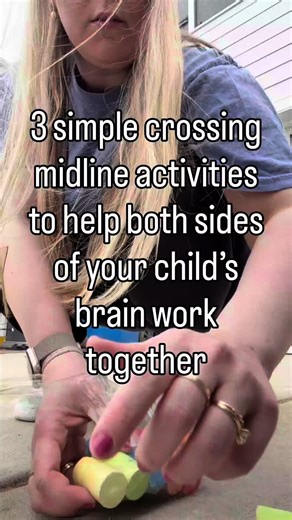 As a pediatric OT, crossing midline is one of the foundational skills I’m always watching for in kids. Crossing midline means a child can reach across the middle of their body with their arms or legs instead of switching hands or turning their whole body. This skill helps the two sides of the brain communicate and work together, which supports many everyday childhood tasks. When crossing midline is challenging, you might notice kids: • switching hands in the middle of a task • turning their whol