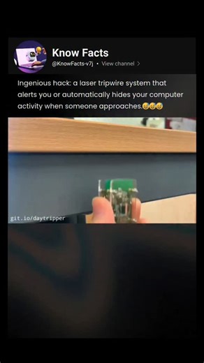 Know Facts on Instagram: "Raspberry Pi Laser Tripwire A simple, yet brilliant solution for privacy! This video shows how a DIY Raspberry Pi–powered laser tripwire can hide computer activity when someone approaches, making it perfect for shared workspaces. It's an easy-to-build project that highlights the power of low-cost tech to address a very relatable problem. Follow @chugtec for daily amazing tech clips and facts. #tech #relatable #trending #techfact #best #daily #dailygrowth #interesting #R