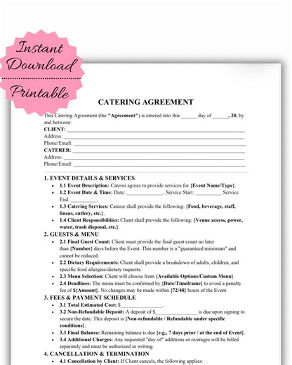 Catering Agreement Template | Event Contract, Food Service (pdf/word Template) - Etsy UK
