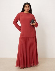 ASOS DESIGN Curve long sleeved pleated skirt maxi dress in deep red | ASOS