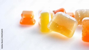 Bunch of colorful gummy bears are piled on top of each other. Colors are orange, yellow, and white
