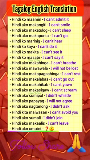 Ever found yourself in a situation where you just can't, or you didn't? From "I can't leave you" to the all-too-relatable "I didn't fart," this video breaks down common Tagalog phrases you need to know! Whether you're learning Tagalog, a proud Pinoy, or just looking for a good laugh, these English-Tagalog translations will have you covered. #TagalogTranslation #LearnTagalog #FilipinoPhrases #Philippines #LanguageLearning #EverydayTagalog #PinoyCulture #Relatable #FunnyTagalog #ViralVideo #Facebo