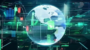 This footage brings the world of digital trading to the forefront with holographic displays and live data filling a virtual exchange floor and creating a dynamic environment.