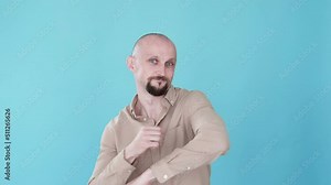 Party dance. Positive lifestyle. Boomerang animation. Carefree leisure. Joyful happy enthusiastic man enjoying hand movement gif loop isolated on blue empty space background.