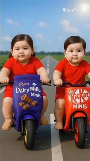 cute baby and boy are racing chocolate bicycle 😢#cute​ #girl​ #racing​ #chocolate​ #kitkat​ #ai