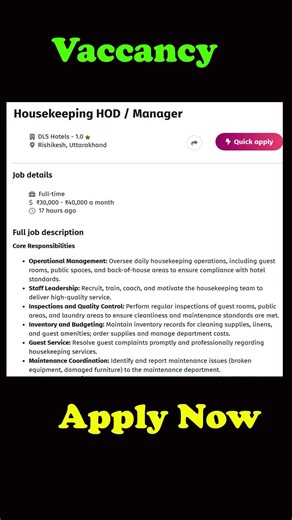 Job in Rishikesh : Require Housekeeping HOD