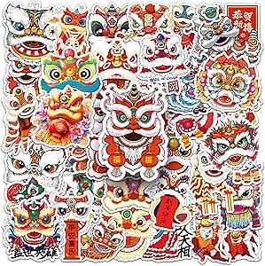 Chinese Style Water Bottle Stickers 50PCS Waterproof Vinyl Unique Stickers Laptop Notebook Cup Suitcase Phone Skateboard Guitar Bike Car Decals for Adult Teen Kid (Lion Dance)