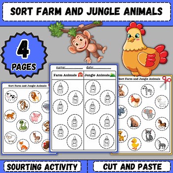 Sort Farm and Jungle Animals | Cut and Paste Sorting Activity | Preschool & Kind