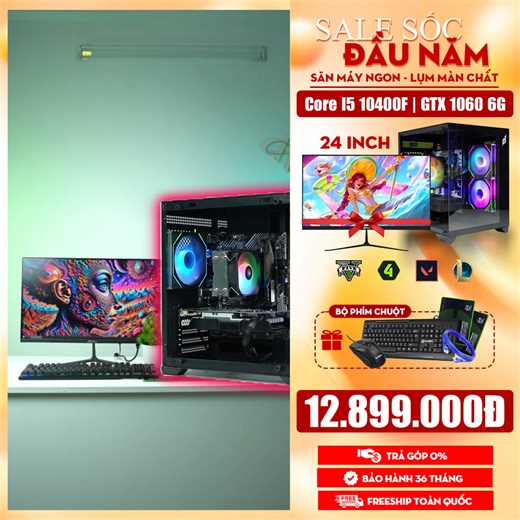 🔥EM đang Chạy KPI cuối năm: Mua PC em TẶNG luôn màn hình phím chuột TRỊ GIÁ 1.850.000 VNĐ -------- 💳 Hỗ trợ trả góp 0%, freeship toàn quốc 🎮 Dùng thử 3 ngày, không ưng hoàn tiền ngay ---------- chơi game ngon Valorant / CS2 / LOL: FPS cao, ổn định. GTA V / PUBG: chơi mượt Full HD. Làm việc – học tập – edit video nhẹ thoải mái – dùng ổn định lâu dài 📩 Inbox nhận quà tặng hôm nay "Duy nhất tại bài viết này" Core I5 10400F | GTX 1060 6G | Ram 16G | NVME 256G | TẶNG MÀN 24 Inch | 12.899.000đ Chi