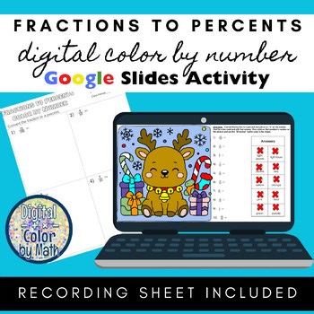 Digital Color by Number: Converting Fractions to Percents - Holiday Christmas