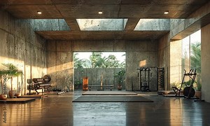 Luxury Home Gym with Concrete Walls and Natural Light