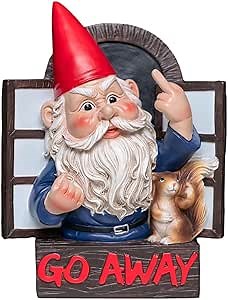 Angry Middle Finger Gnome Garden Statue - Wacky Fantasy Naughty Gnome Figurine Flipping Off Guests - Resin Home Wall Tree Hanging Decor