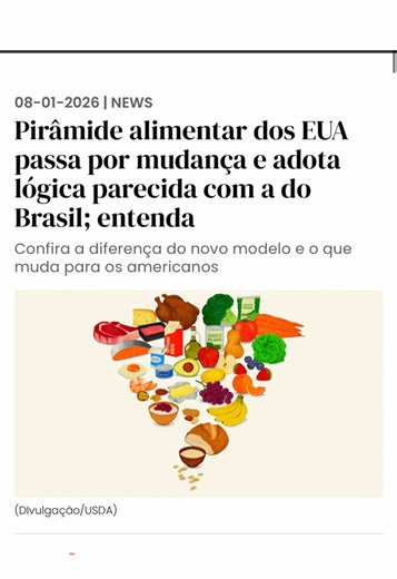 Qual é a nova pirâmide alimentar mudou aprovada pelos EUA? Durante muito tempo, a alimentação foi construída em cima do medo. Medo da gordura, medo de comer, medo da comida de verdade. Essa mudança na pirâmide alimentar mostra algo que a nutrição atual já vem defendendo: o corpo precisa de nutrientes reais, não de produtos ultraprocessados disfarçados de saudáveis. Proteína sustenta. Gorduras boas ajudam na saciedade e no funcionamento do corpo. Carboidratos, quando bem escolhidos, também têm se