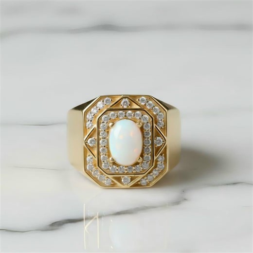 Men's Oval Opal Signet Ring, Gold Plated 925 Silver, Moissanite Halo, October Birthstone - Etsy