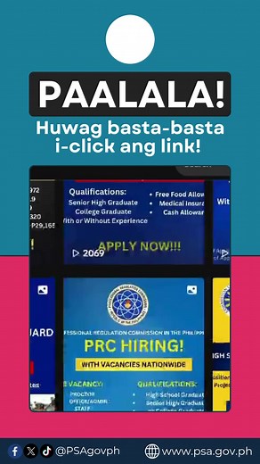 𝐏𝐀𝐀𝐋𝐀𝐋𝐀! Huwag basta-basta i-click ang link! Tumatanggap lamang ng hiring applications ang PSA via website (https://hris.psa.gov.ph/CareerPortal) at sa aming mga regional and provincial offices. I-REPORT ang mga insidenteng tulad nito sa aming tanggapan. #PSA #Hiring #ScamAlert
