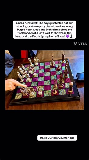 Summer Flowers-Davis on Instagram: "We created this beautiful custom epoxy chess board using Promise Deep Pour resin, Dichrolam, & Purple Heart Wood #daviscustomcountertops #epoxy #epoxyresin #epoxychessboard #epoxyart"