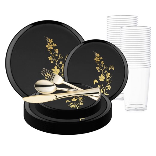 Black or White With Gold Floral Plastic Wedding Set – Service for 30, 60, or 120 – Plates, Gold Flatware & Cups – Bpa-free - Etsy