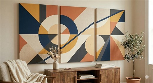 Mid-century Modern Geometric Triptych Wall Art, 3 Pieces,abstract Navy Terracotta Canvas Digital Download - Etsy
