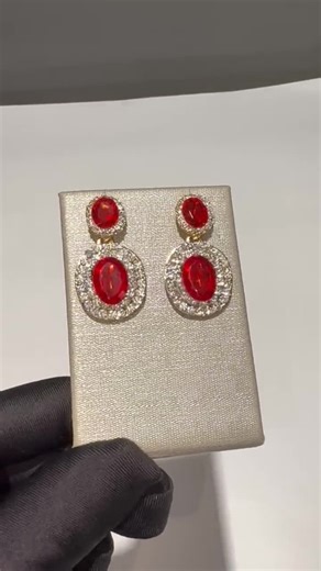 Red Ruby And White Crystal Rhinestone Drop Earrings, Red And White Crystal Dangle Earrings, Red And White Oval Halo Earrings, Red Earrings