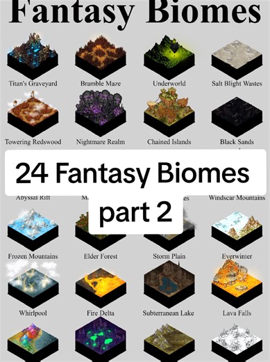 24 more fantasy biomes for your mapmaking and worldbuilding! all credits to Mati on Inkarnate. Also come to visit my Patreon for more! 1. Titan's Graveyard: A jagged wasteland of colossal bones and shattered weapons, echoing with dormant power. 2. Bramble Maze: A dense, thorn choked forest where paths shift and visibility is scarce. 3. Underworld: A cavernous abyss of glowing fungus, sulfur pits, and shadowed crevices. 4. Salt Blight Wastes: Flat, cracked salt flats with corroded stone pillars a