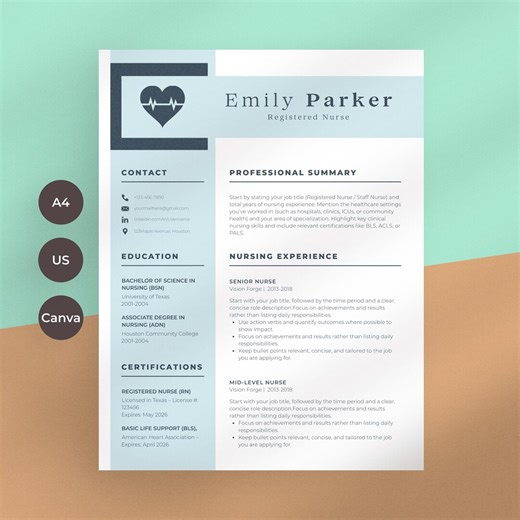 Professional Nurse Resume Template Canva, Registered Nurse CV, RN, Modern Resume for New Grad Nurse, CNA, Nurse Assistant Resume, - Etsy