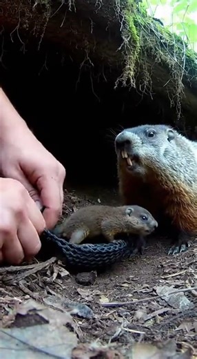 Groundhog pup’s leg tangled in net pocket