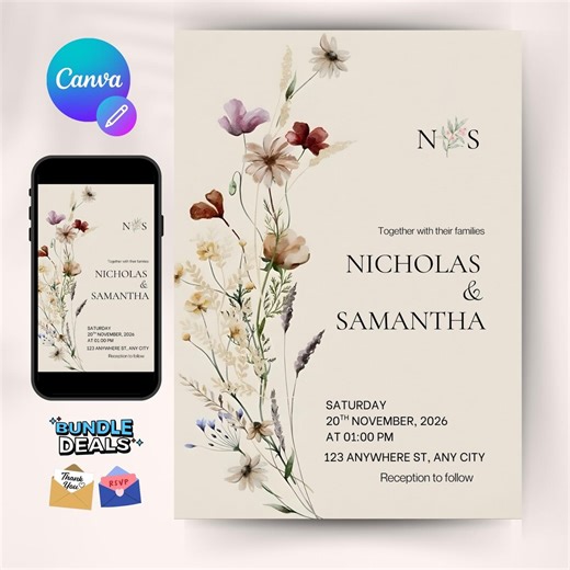 Floral Wedding Invitation Template Canva, Watercolor Flower Editable Invite, Garden Romantic Wedding Printable, Instant Download - Etsy